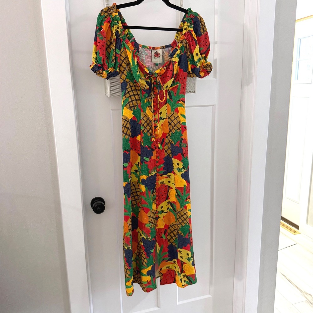 NWT XS FARM Rio Fruit Salad Square‎ Neck Puff Sleeve Midi Dress XS Colorful Boho